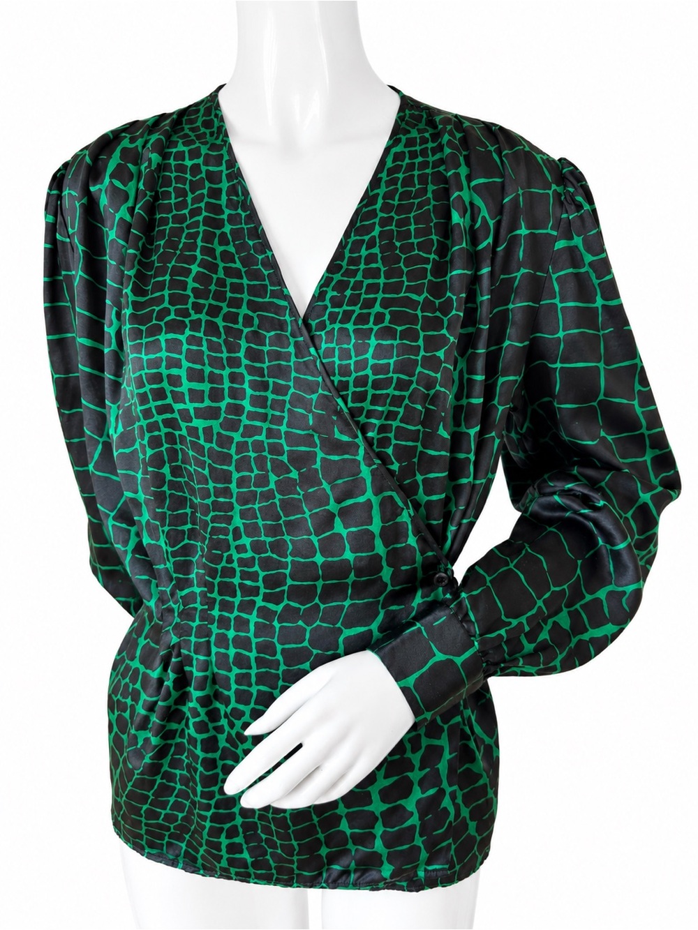 Valentino Miss V 100% Silk Green Black Print Wrap Blouse Made in Italy